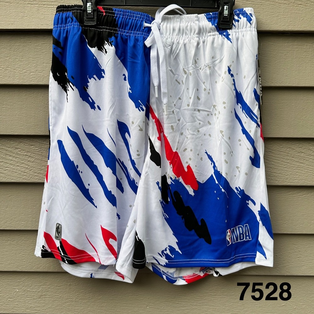 NBA Mens Net-Dry Basketball Shorts Blue Red White Splash Graphic Above Knee NEW